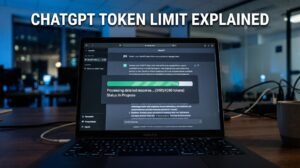 Laptop screen showing a chat interface with a token usage progress bar filling up, representing the ChatGPT token limit