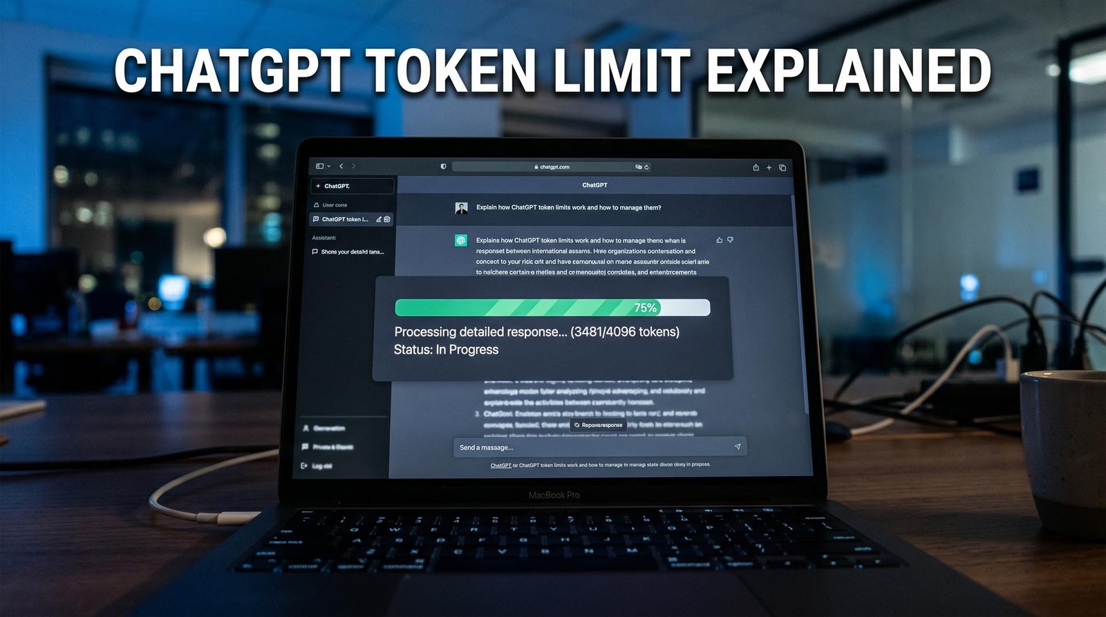 Laptop screen showing a chat interface with a token usage progress bar filling up, representing the ChatGPT token limit