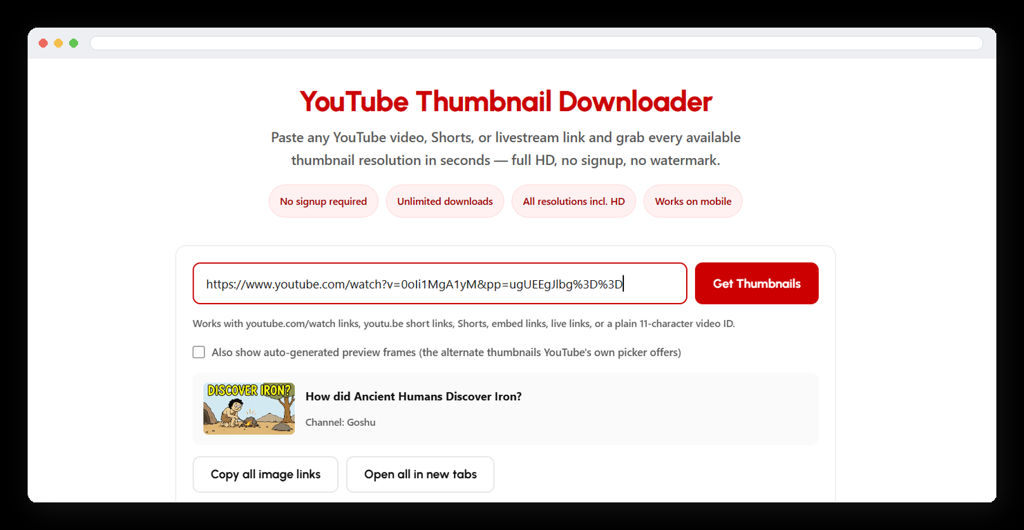 YouTube Thumbnail Downloader tool interface showing a pasted video link and detected video preview
