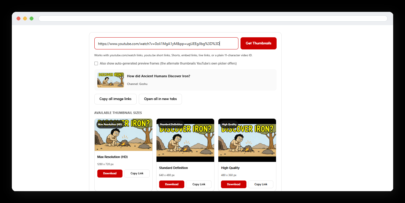 YouTube Thumbnail Downloader results grid showing every available resolution with download and copy link buttons